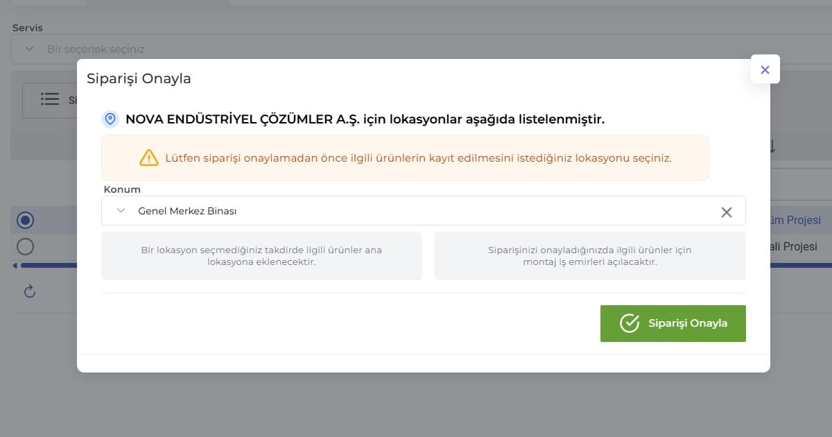 FieldCo order confirmation screen: once a location is selected, the related products are added under the customer and installation work orders are created automatically