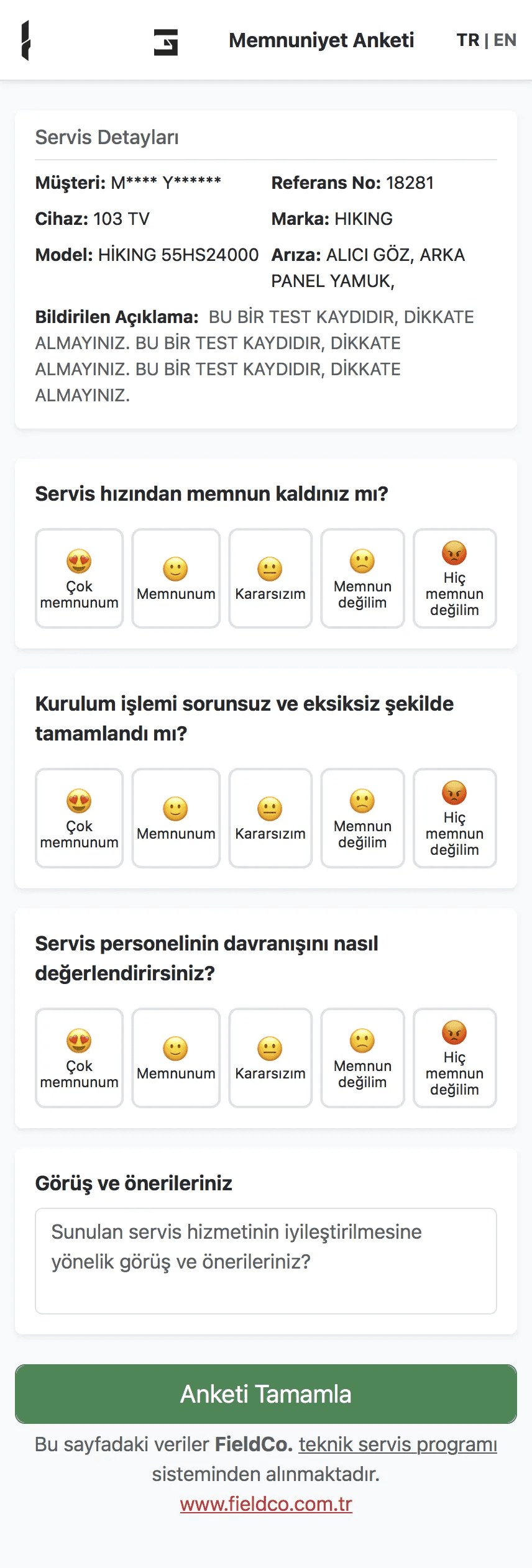 FieldCo customer satisfaction survey screen — 5-point emoji scale