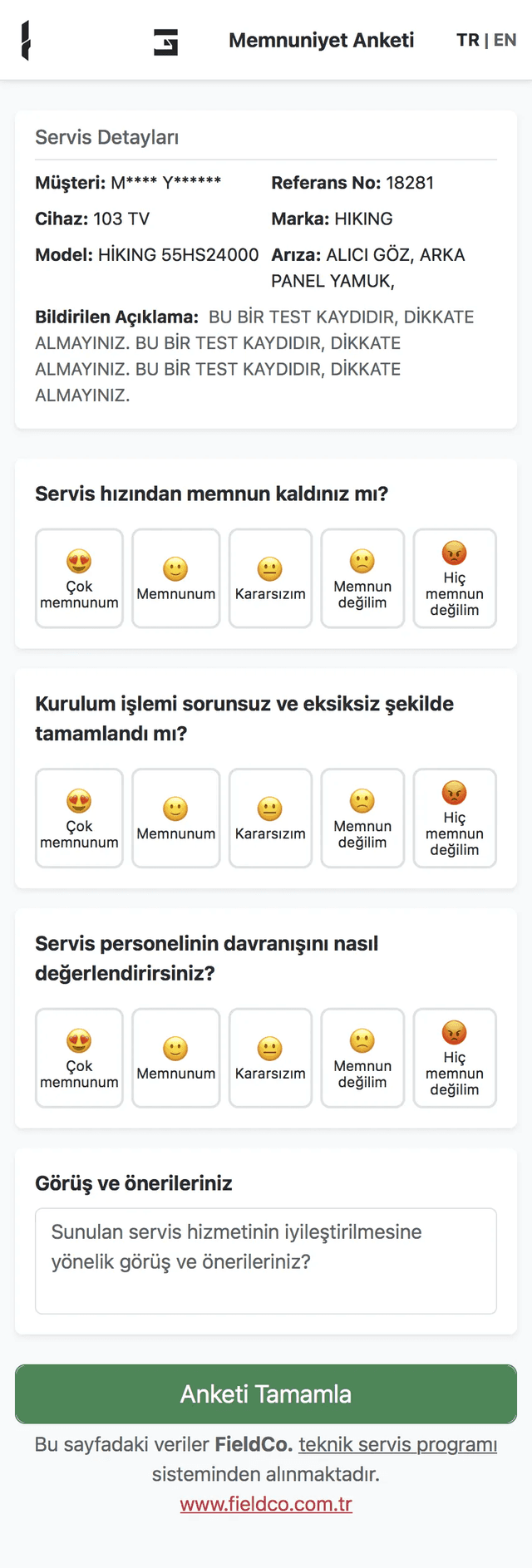 FieldCo customer satisfaction survey screen